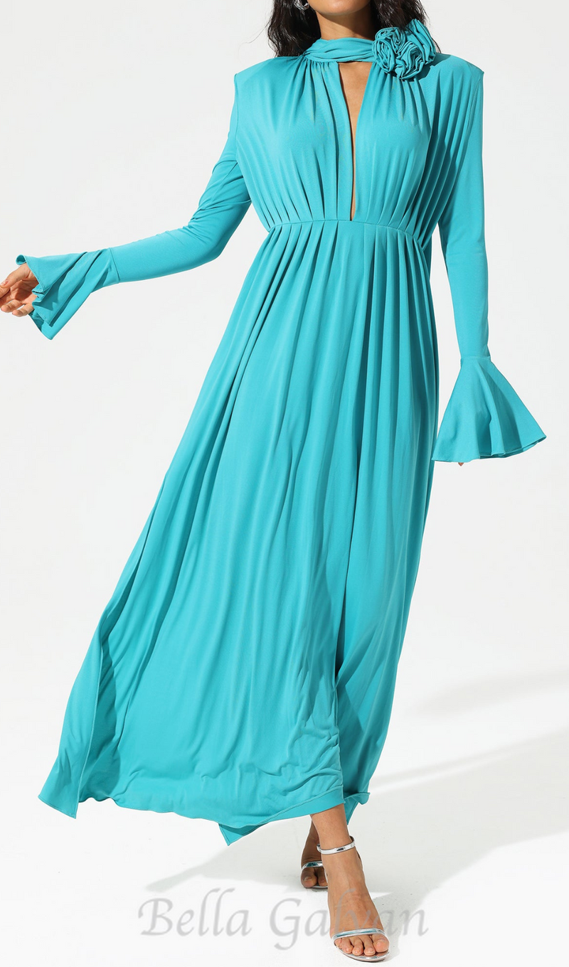 ERIN LANTERN SLEEVE HIGH COLLAR FLOWER SLIT MIDI DRESS IN BLUE