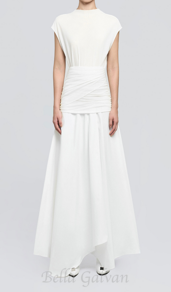 white Waist cross pleats midi dress with asymmetric hemline