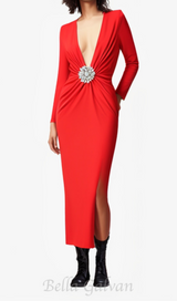 BERNICE LONG SLEEVE DRAPED EMBELLISHED MAXI DRESS IN RED