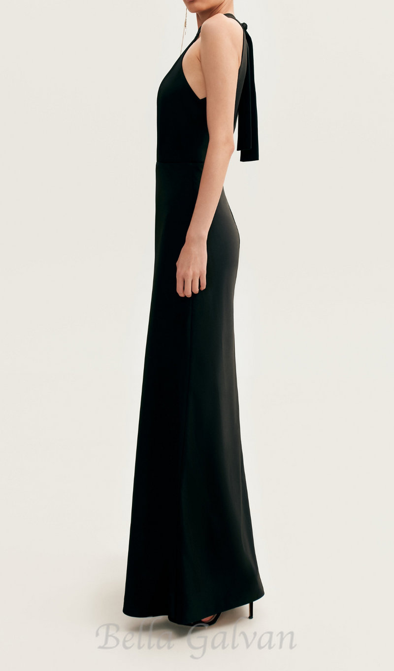 RACHEL BLACK HALTERNECK SATIN BACK CUTOUT MAXI DRESS