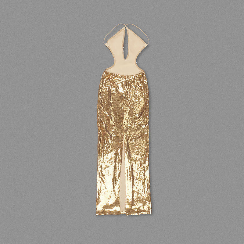 sequin hollow bodycon maxi dress in gold