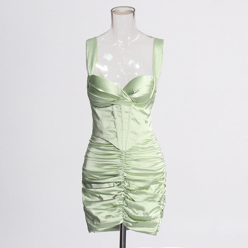 CUSI CORSET RUCHED MINI DRESS IN GREEN