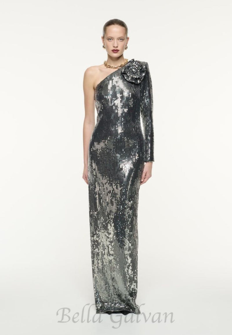 Floral-appliqué sequin gown in silver