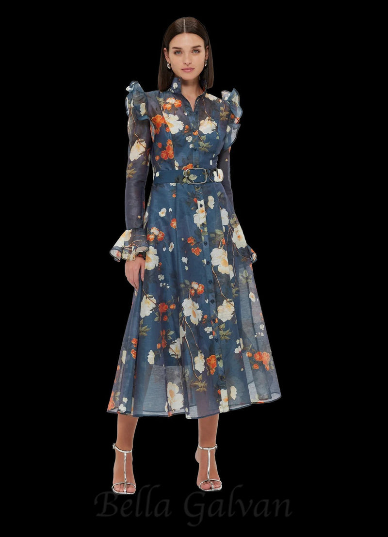 Pear Blossom Print Butterfly Sleeve Midi Dress