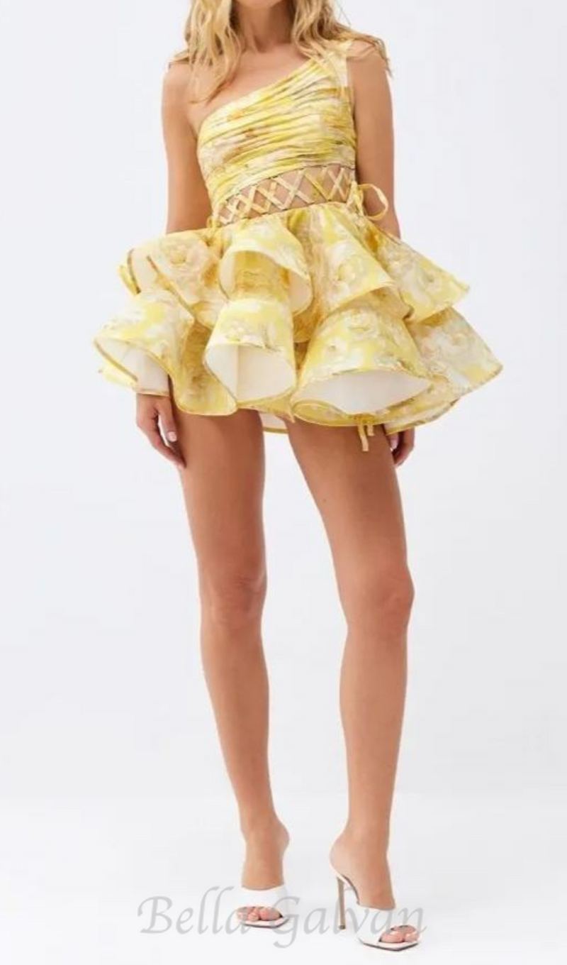 GAIL YELLOW FLORAL PRINTED ONE-SHOULDER MINI CHIFFON DRESS