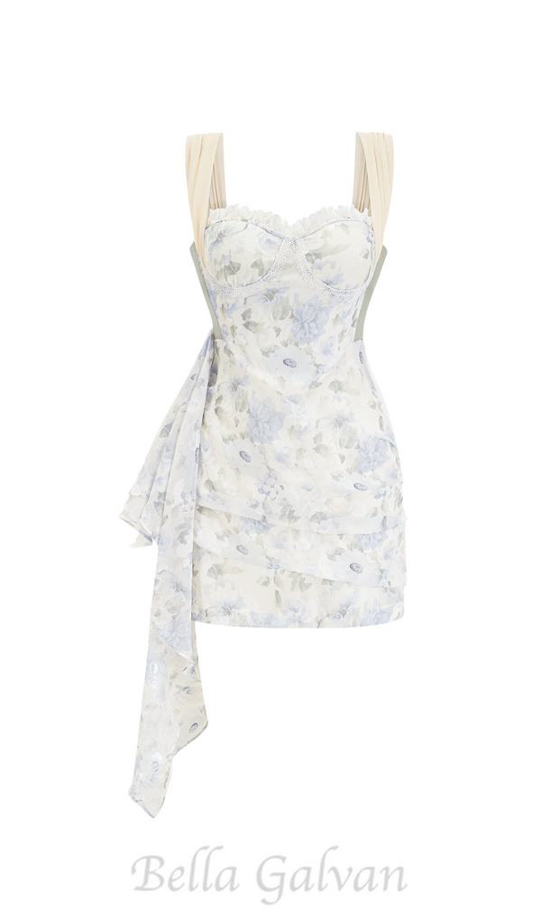 FLORAL PRINT RUCHED MINI DRESS IN WHITE