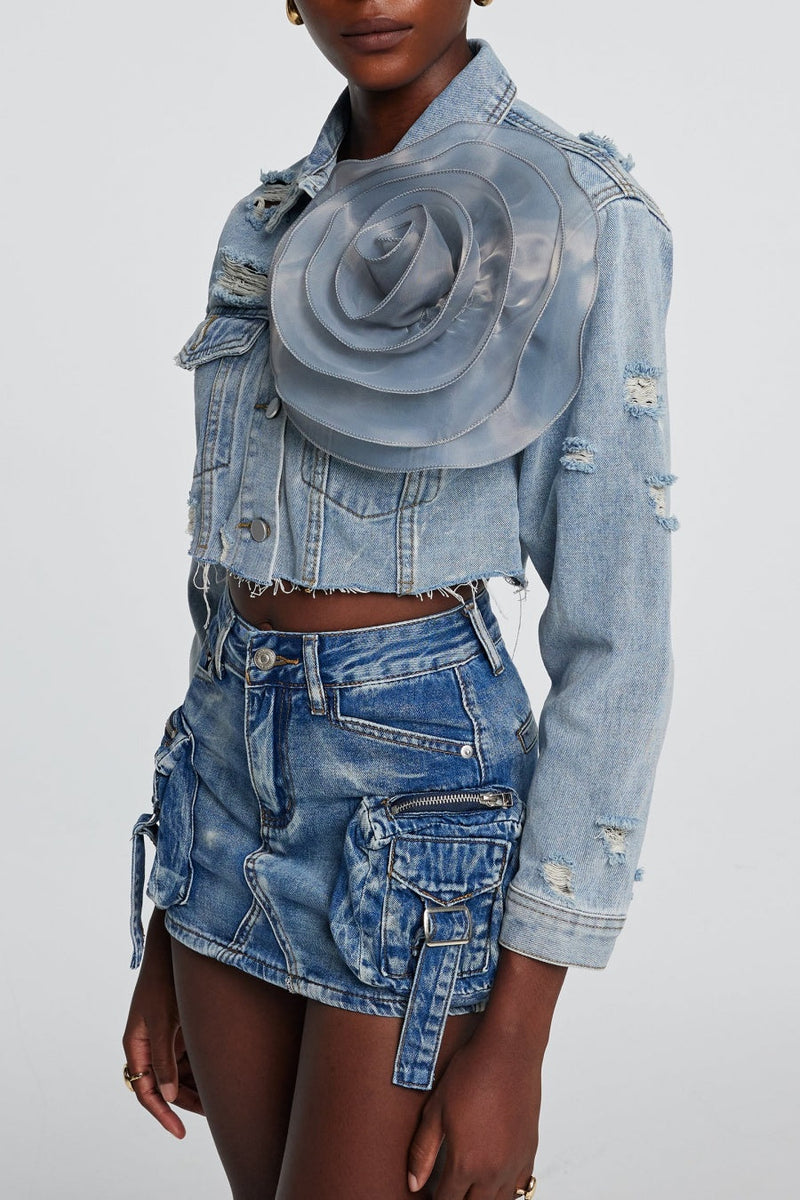 Alaiao Torn Flower Denim Jacket in Blue