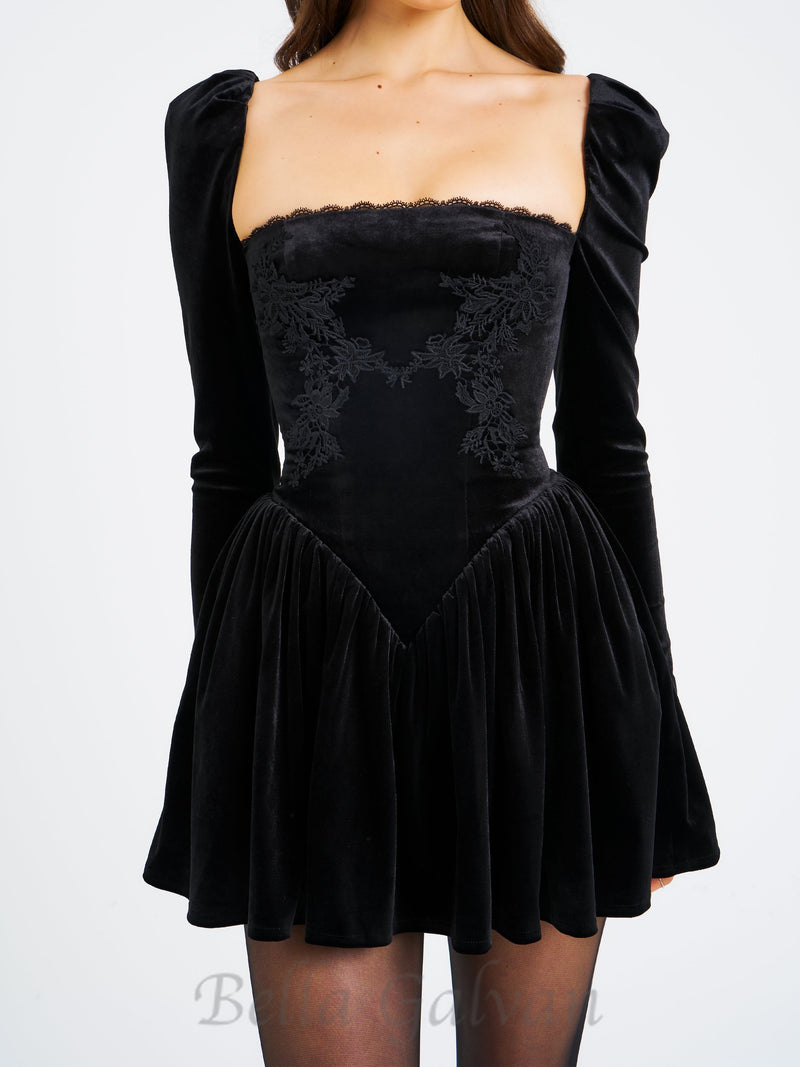 Yolanda Black Velvet Long Sleeve Mini Dress with Lace Trim