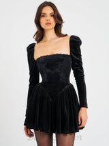 Yolanda Black Velvet Long Sleeve Mini Dress with Lace Trim