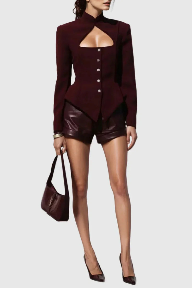 Aymee Cutout Button Blazer in burgundy