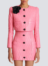PINK QUILTED CROPPED LEATHER JACKET