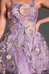 PURPLE 3D FLOWER LACE EMBROIDERED DRESS