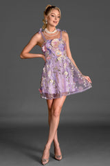 PURPLE 3D FLOWER LACE EMBROIDERED DRESS