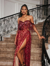 Codruta Strapless Leafy Fringe Maxi Dress In Wine