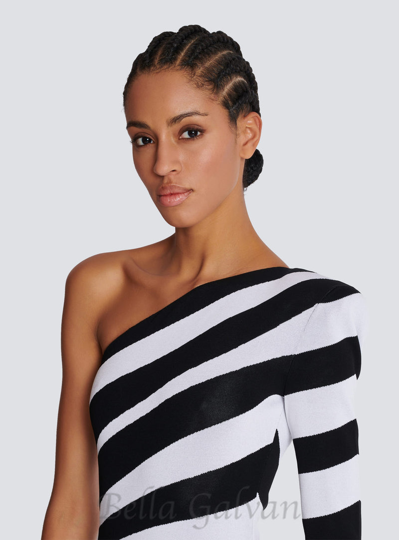 XAVIERA ASYMMETRICAL STRIPED KNIT MAXI DRESS