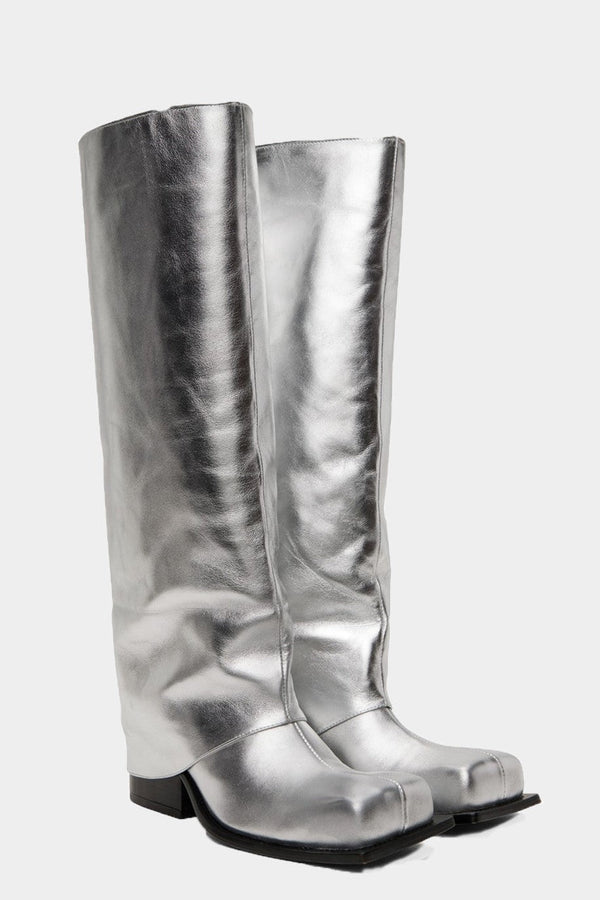 Danika Chunky Heel Metallic Trouser Boots - Silver