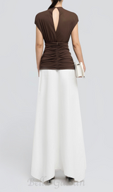 brown Waist cross pleats midi dress with asymmetric hemline