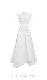 white Waist cross pleats midi dress with asymmetric hemline