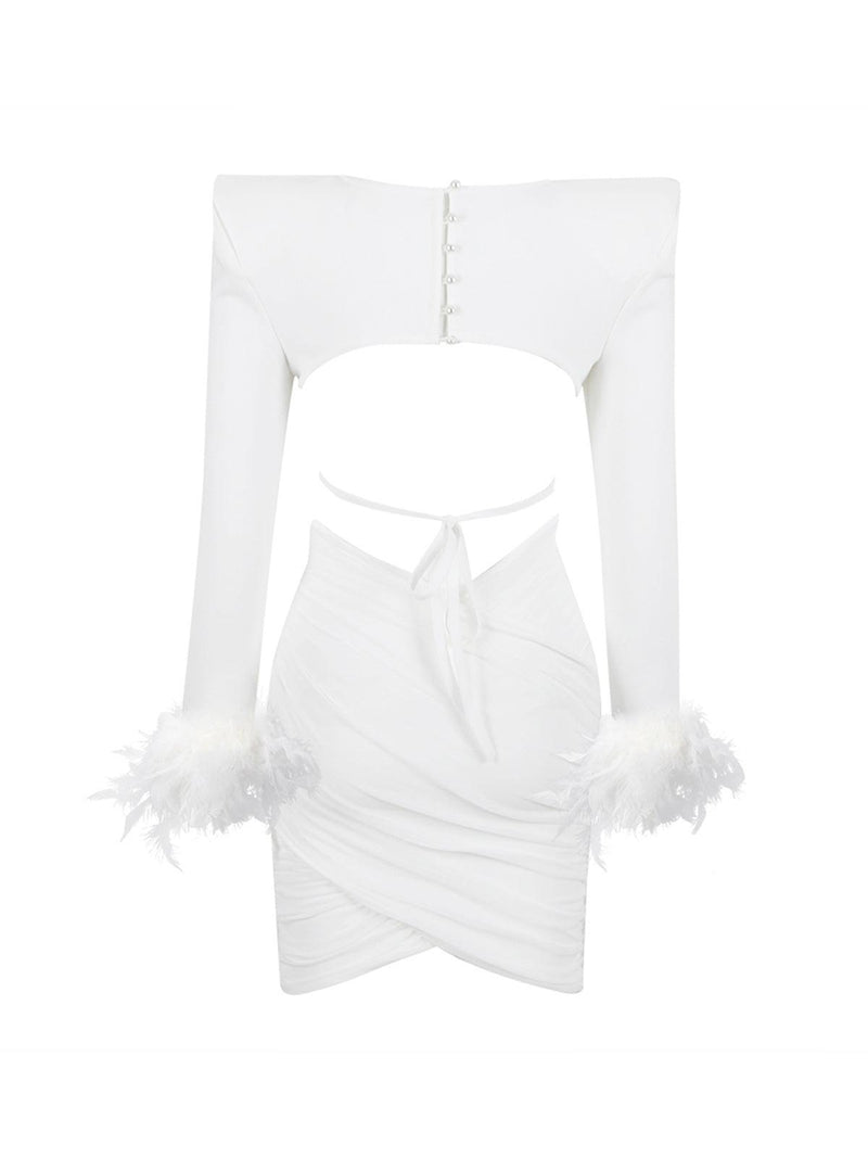 JENNIFER LONG SLEEVE FEATHER MESH BANDAGE SET IN WHITE