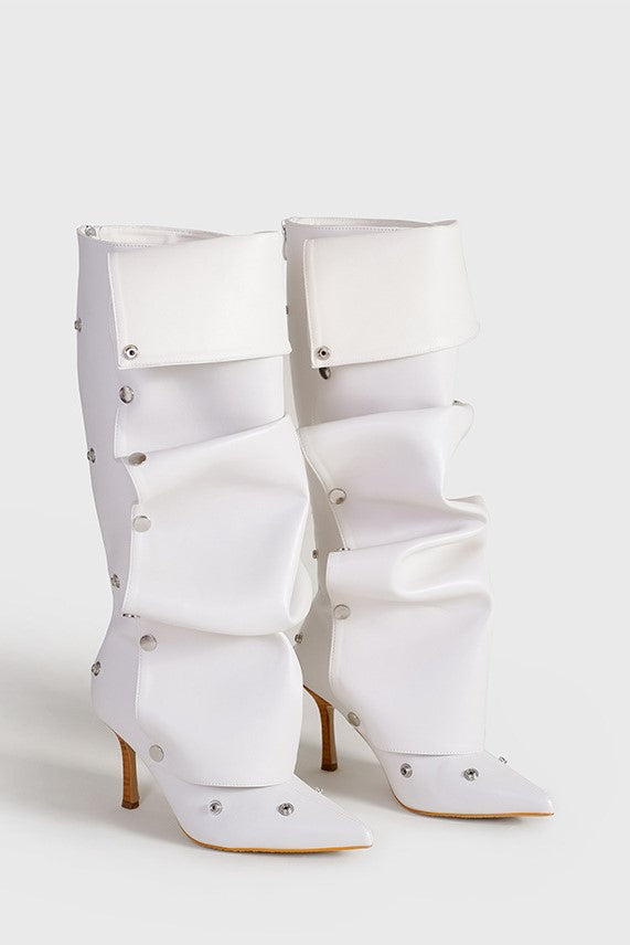 Isabela Appliqué Ruched  Knee-high boots - White