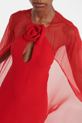 QUEENA 3D FLOWER SOLID CAPE SLEEVE MIDI DRESS IN RED