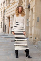 BRIDGET KNIT STRIPE FRILL MIDI DRESS IN WHITE