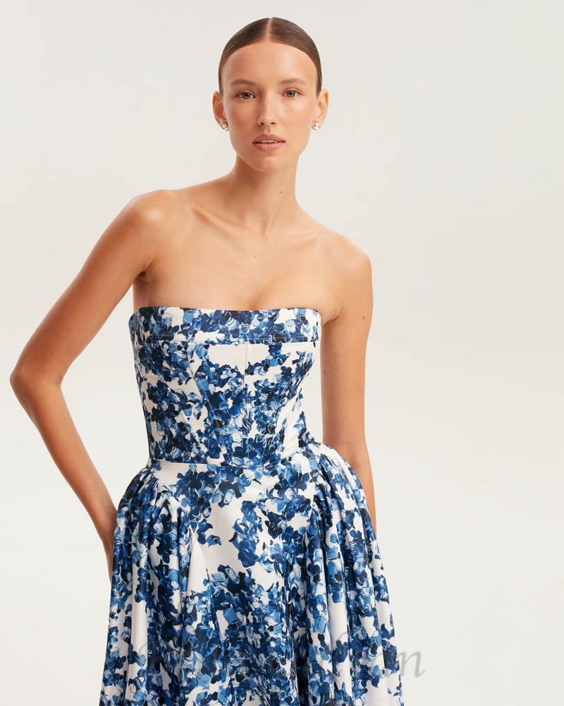 LETITIA BLUE HYDRANGEA STRAPLESS MAXI DRESS