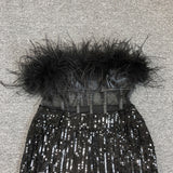 FANNY STRAPLESS FEATHER SEQUIN JUMPSUIT IN BLACK