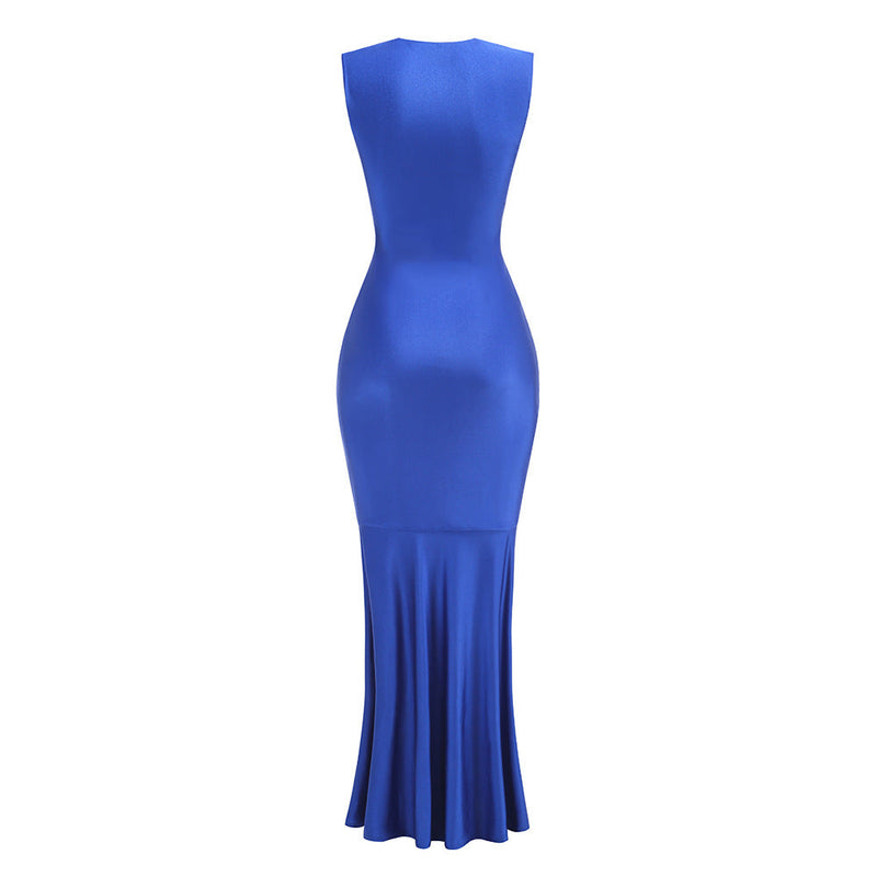 Sleeveless Deep V Neck Shirred Front Fishtail Gown