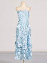 Selene 3D flower Tiered Maxi Dress In Blue