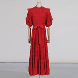 Lace ruffle trim layer midi dress in red