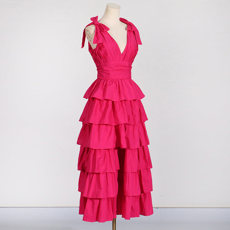 PLUNGE V RUFFLE TIERED SLIT GOWN IN PINK