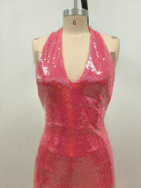 ZORA SHEER SEQUIN DEEP V NECK GOWN IN PINK RED