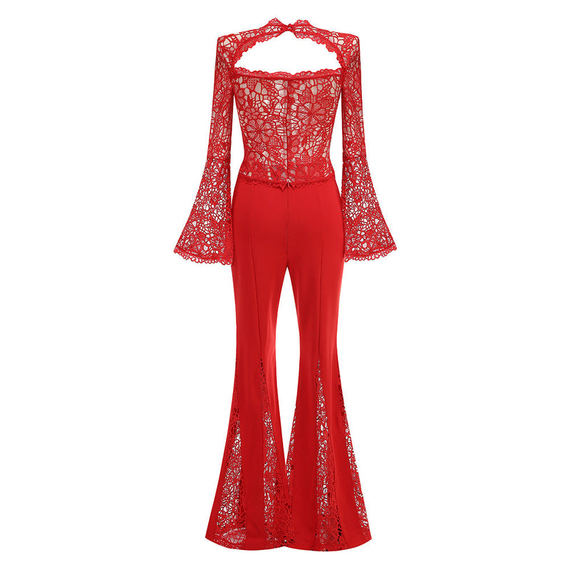 lace-embellished trumpet sleeve jumpsuits in red