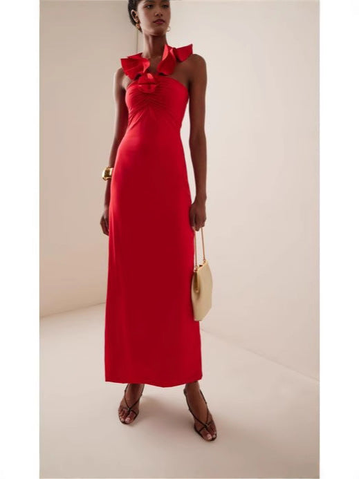 floral ruffle trim halter midi dress in red