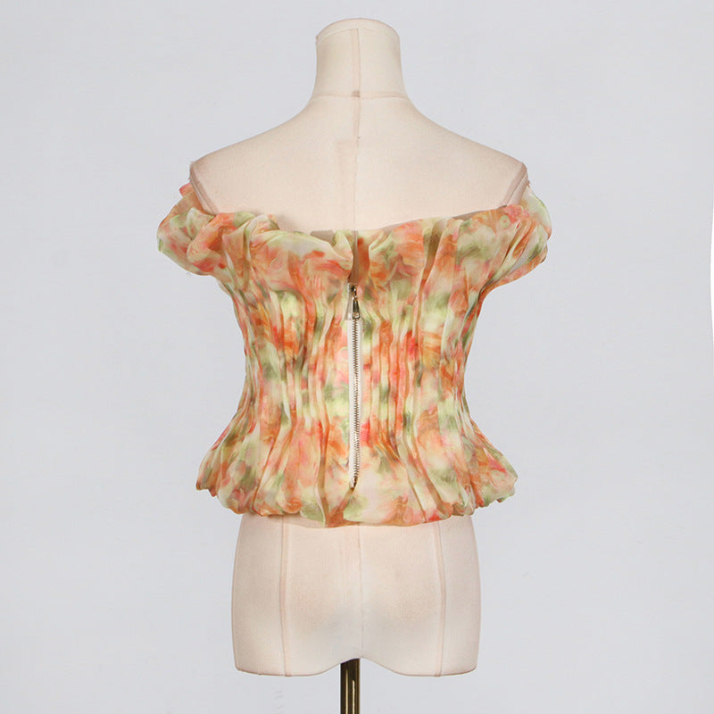 print ruffle trim top in yellow