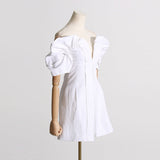 RUFFLED OFF-SHOULDER MINI SILK DRESS IN WHITE