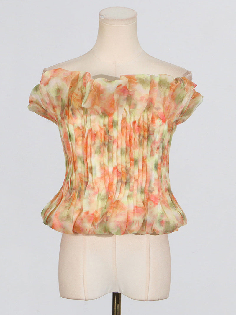 print ruffle trim top in yellow