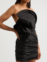 Strapless Ruffled Taffeta Mini Dress in Black