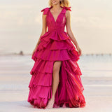 PLUNGE V RUFFLE TIERED SLIT GOWN IN PINK