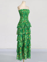 STRAPLESS LAYERED BANDEAU FLORAL PRINT MAXI DRESS IN GREEN