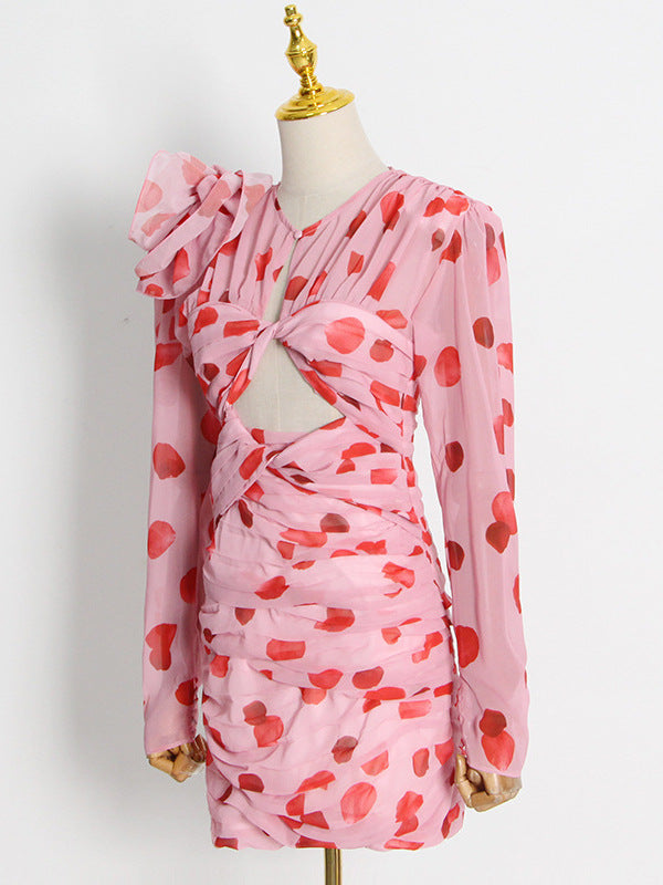 PETAL PRINT CUTOUT MINI DRESS IN PINK