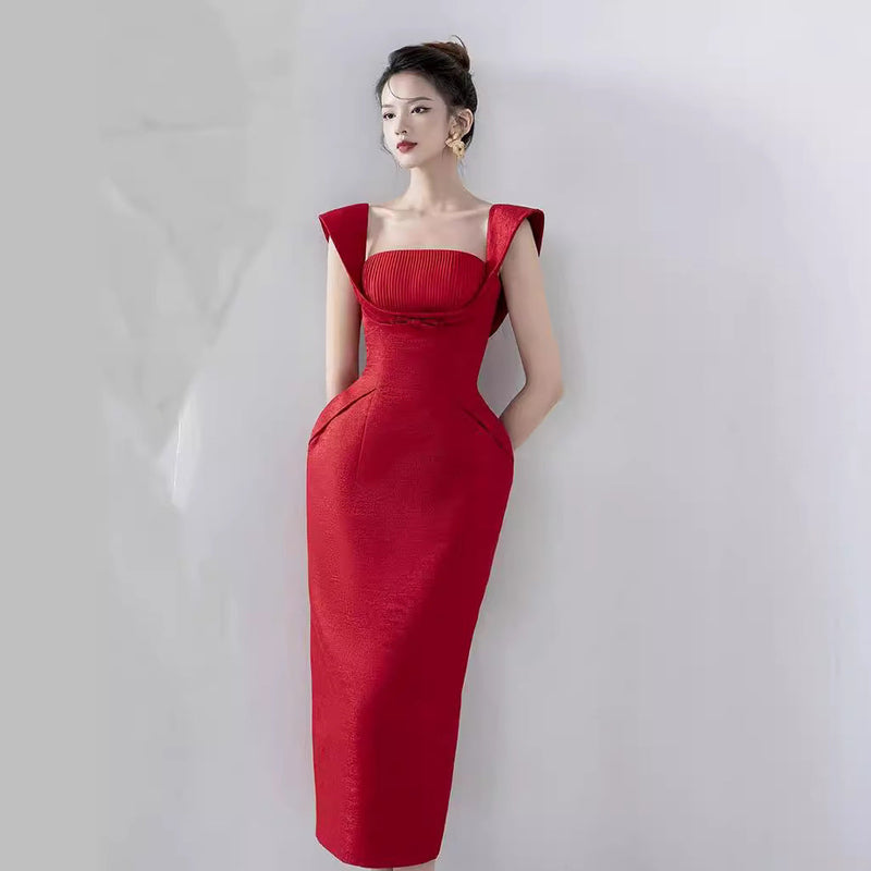 square neckline bow midi dress in red