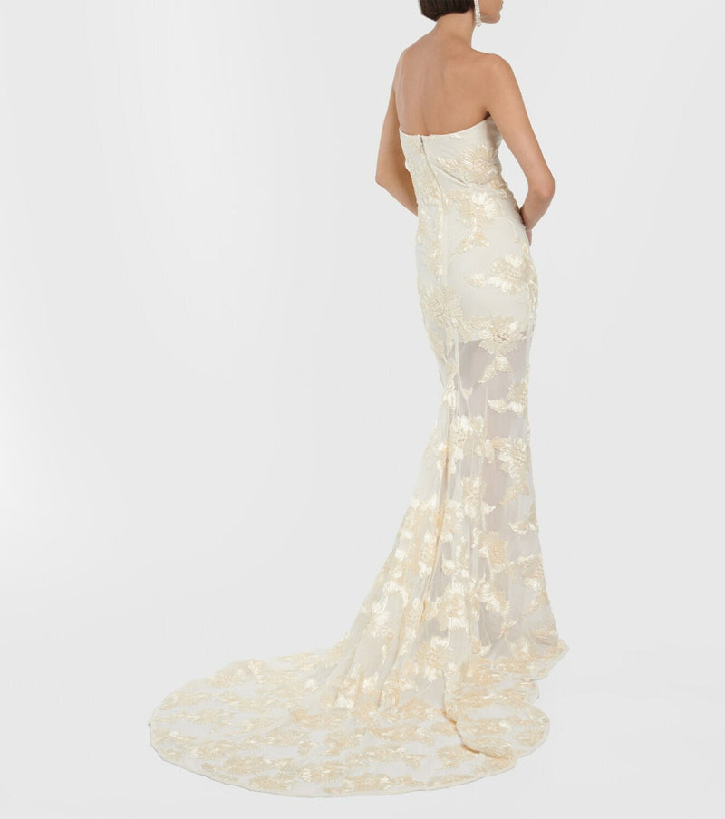 EMBROIDERED STRAPLESS GOWN IN APRICOT