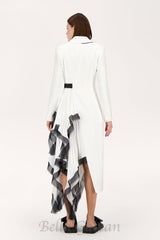 Asymmetric pleated ruffle trim blazer dress in white