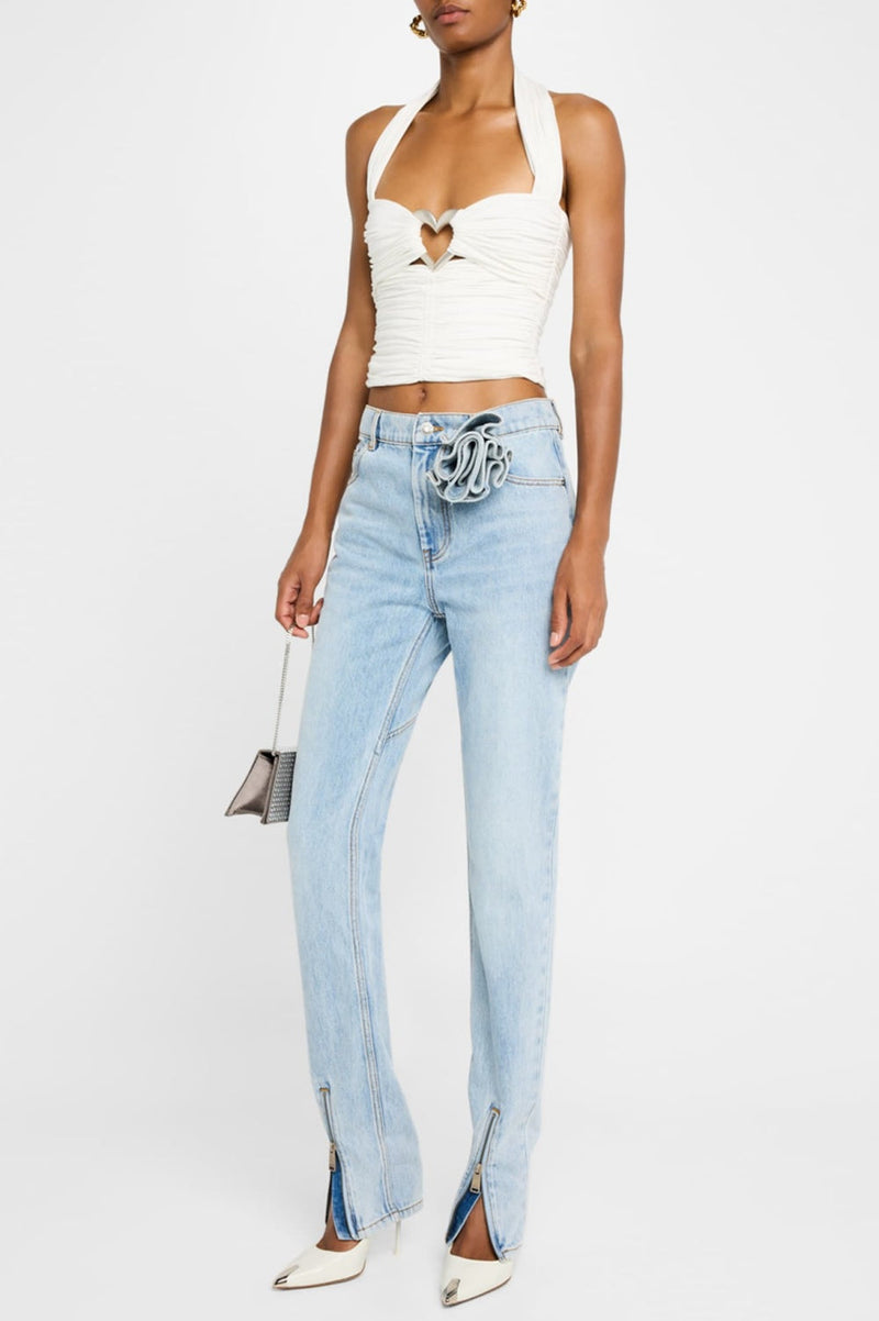 Quinta Floral Zip-Hem Skinny Jeans in pale blue