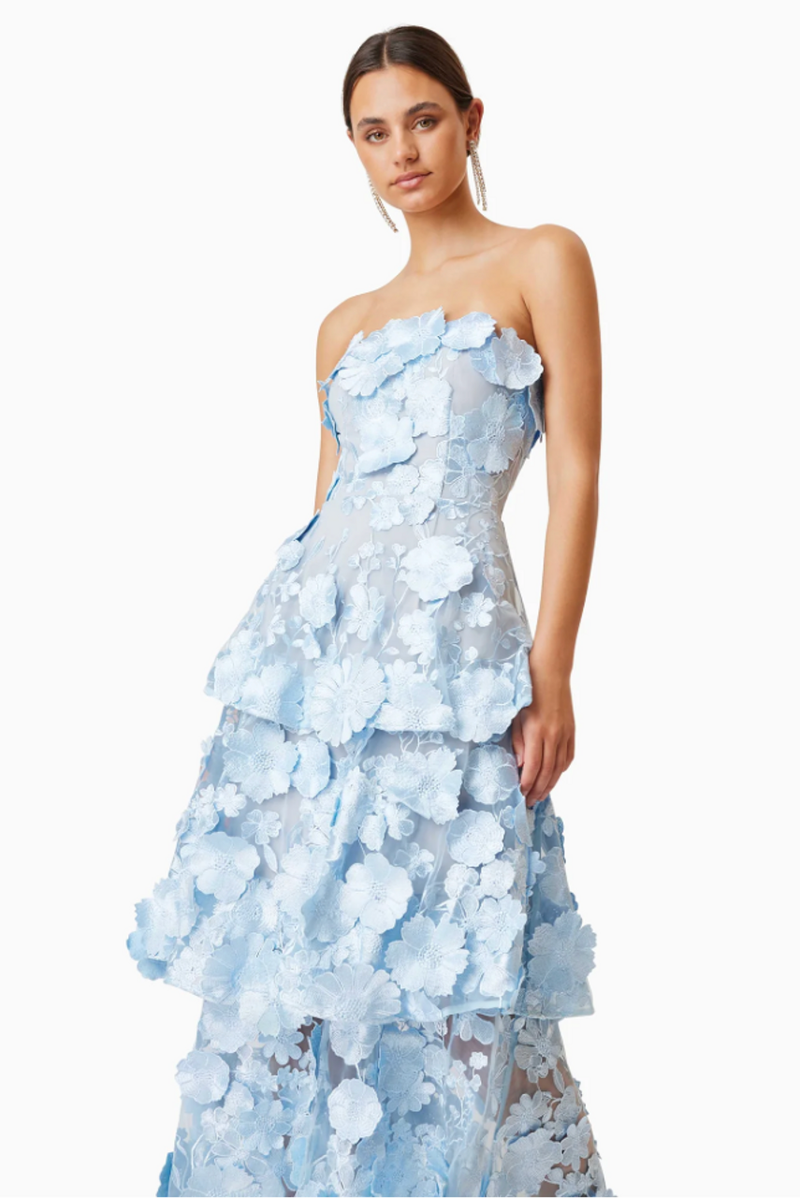 Selene 3D flower Tiered Maxi Dress In Blue