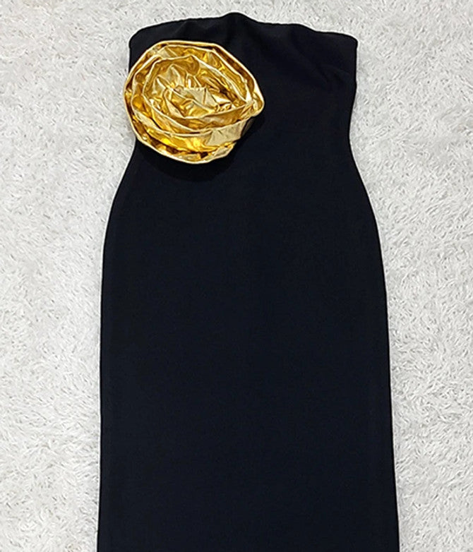 EILEEN BLACK STRAPLESS GOLD ROSE EMBELLISHED MIDI DRESS