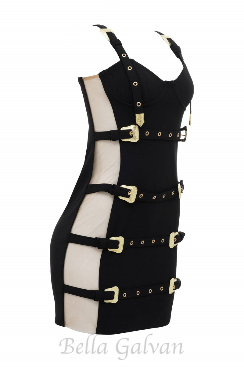 DARLENE BELT EMBELLISHED BODYCON MINI DRESS IN BLACK