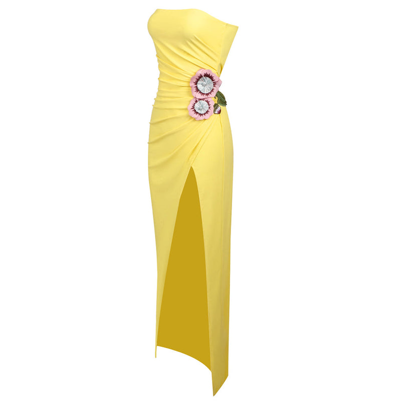 STRAPLESS FLOWER RUCHED MIDI DRESS IN YELLOW